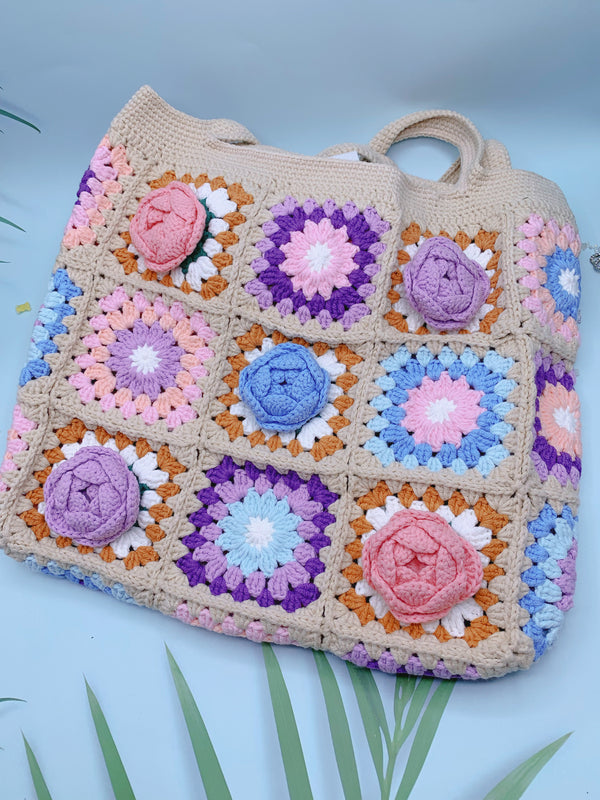 Handcrafted 3D Camellia Granny Square Single Shoulder Bag