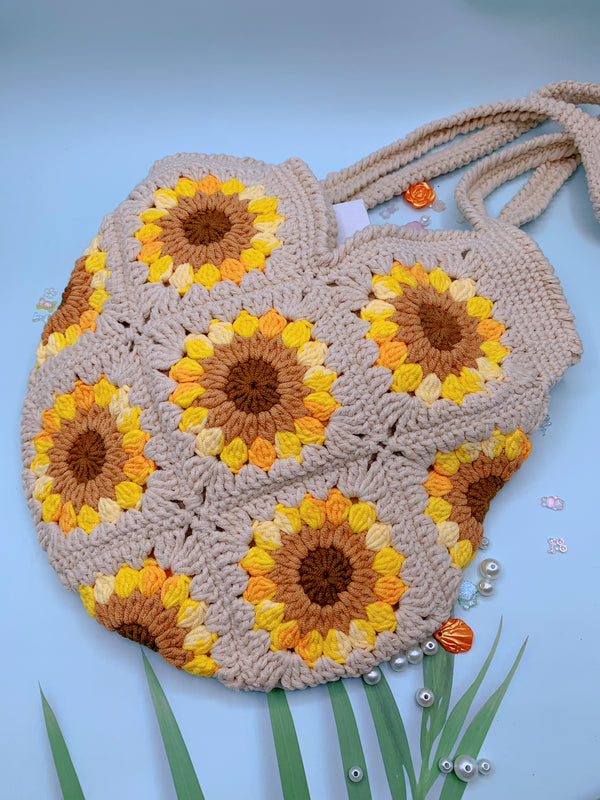 Hand-crocheted sunflower shoulder bag