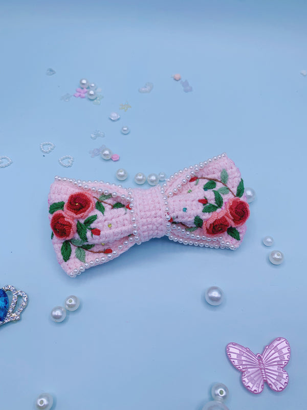 Handcrafted Crocheted Flower and Embroidered Pearl Butterfly Bow Hair Clip