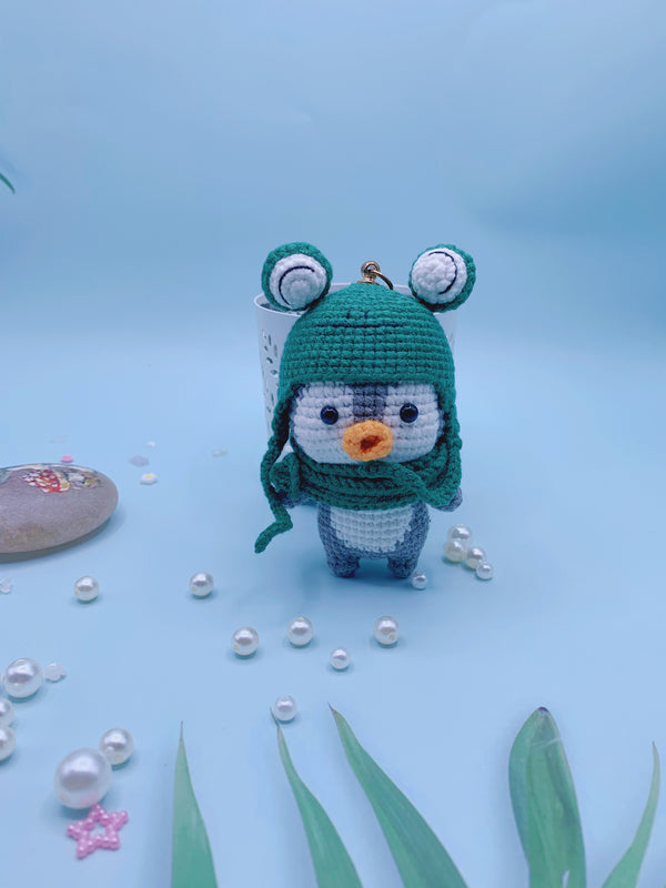 Handcrafted Penguin Keychain with Frog Hat - A Unique Gift