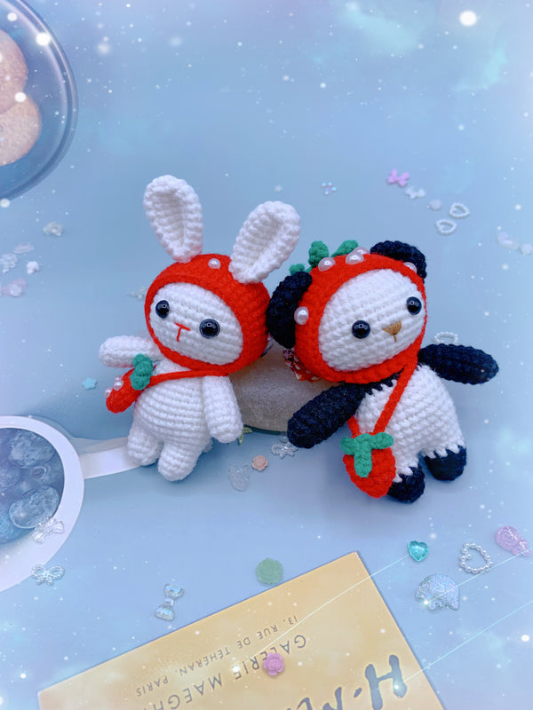 Handmade Crochet Keychain Decoration - Strawberry Bunny and Strawberry Panda